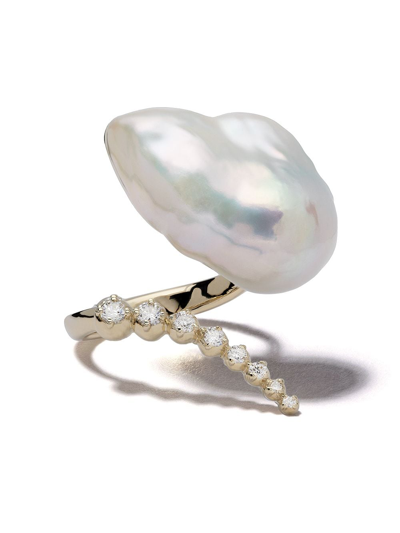 Mizuki 14kt Yellow Gold Curved Diamond And Pearl Ring