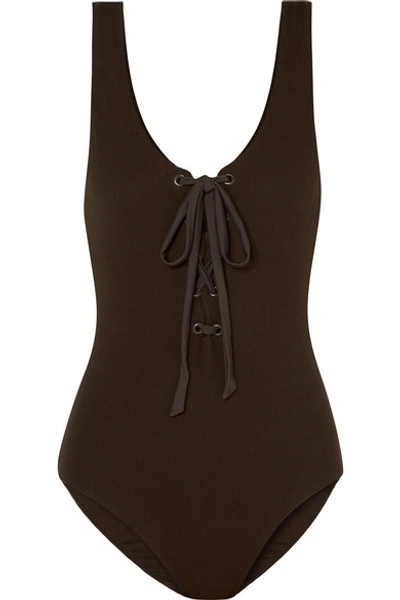 Ganni Lace-up Ribbed Swimsuit In Brown