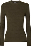 BALMAIN BUTTON-EMBELLISHED POINTELLE-TRIMMED JACQUARD-KNIT SWEATER