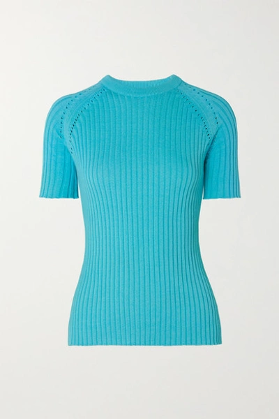 Anna Quan Billie Pointelle-trimmed Ribbed Cotton Sweater In Azure