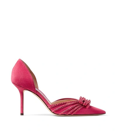 Jimmy Choo Kaitence 85 Bubblegum-pink And Scarlet Red Suede Point-toe Pumps With Crystal-embellished Bow In Bubble/scarlet