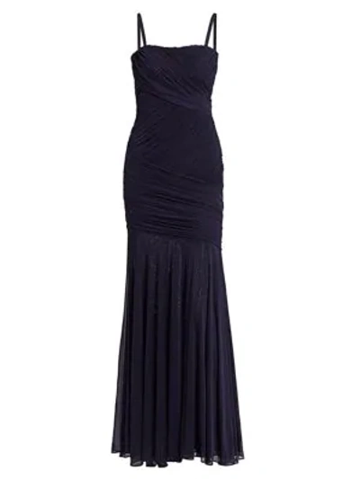 Herve Leger Sleeveless Draped Tulle Gown In Dark Navy