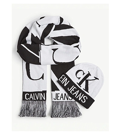 Calvin Klein Jeans Est.1978 Logo Scarf And Beanie Set In Black/white