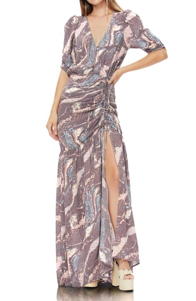 Afrm Nile Ruched Maxi Dress In Abstract Snake