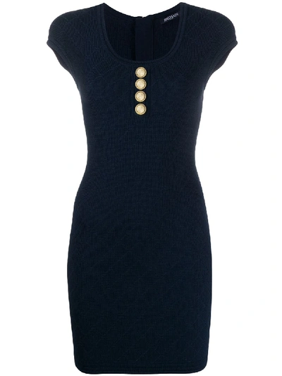 Balmain Round Neck Fitted Short Dress In Blue