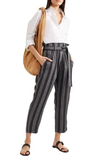 Brunello Cucinelli Cropped Belted Striped Linen Straight-leg Pants In Black
