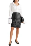 MICHAEL KORS MICHAEL KORS COLLECTION WOMAN TIERED FRINGED LEATHER MINI SKIRT BLACK,3074457345621181674