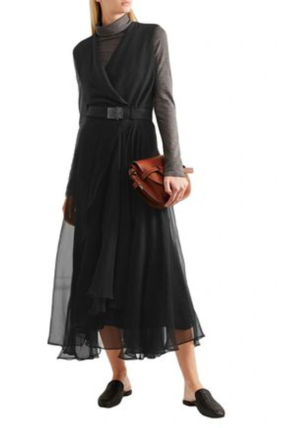 Brunello Cucinelli Belted Crepe And Chiffon Maxi Dress In Black