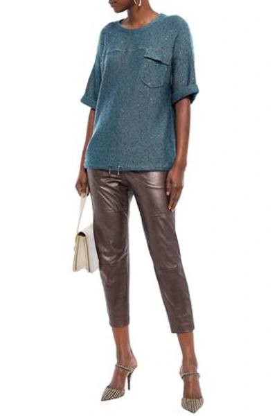 Brunello Cucinelli Embellished Cashmere And Silk-blend Top In Petrol