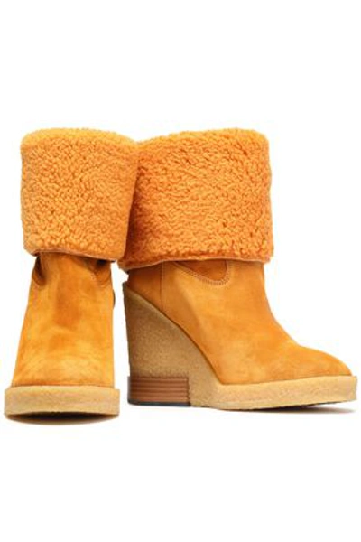 Tod's Shearling-paneled Suede Wedge Ankle Boots In Camel