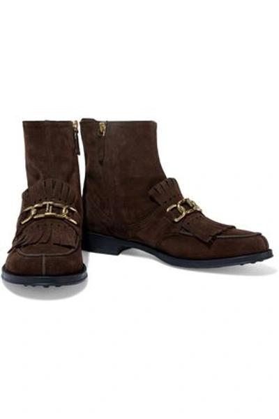 Tod's Woman Gomma Fringed Embellished Suede Ankle Boots Chocolate