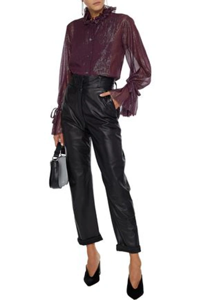 Stateside Ruffled-trimmed Metallic Striped Silk-blend Georgette Blouse In Dark Purple