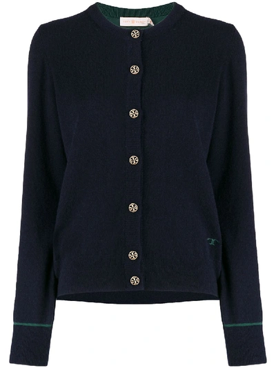 Tory Burch Embroidered Logo Cardigan In Blue