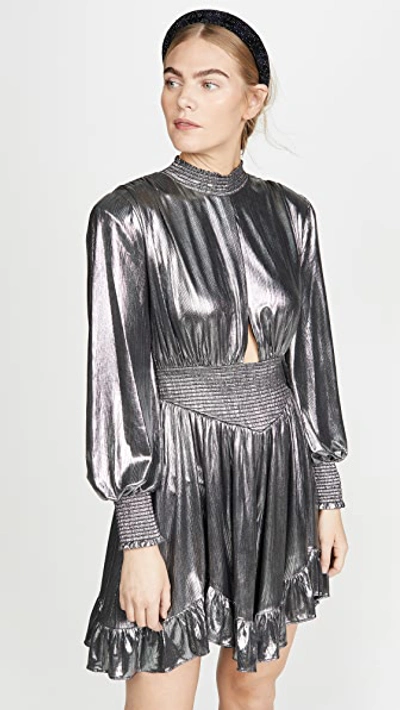 Retroféte Melody Metallic Ruffle Puff-sleeve Cutout Mini A-line Dress In Gunmetal