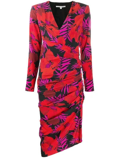 Veronica Beard Alvaro Asymmetric Ruched Floral-print Stretch-silk Crepe De Chine Dress In Red