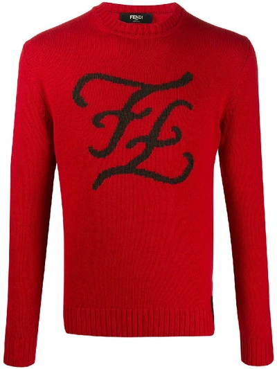 Fendi Cashmere Jacquard Karligraphy Motif Jumper In Red