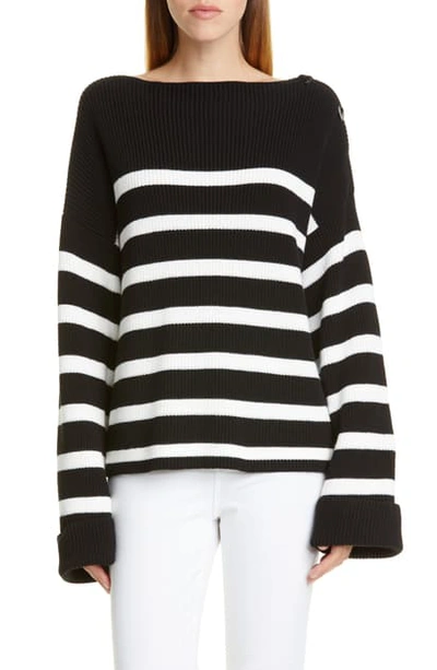 Fuzzi Stripe Rib Oversize Cotton Sweater In Nero/ Panna