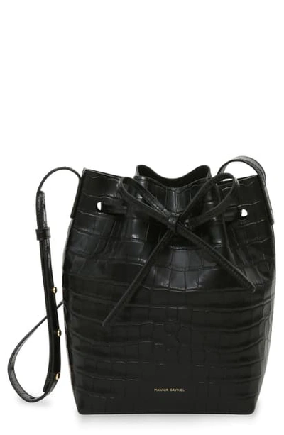 Mansur Gavriel Mini Croc Embossed Leather Bucket Bag In Black