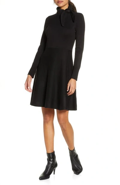Eliza J Tie Neck Long Sleeve Fit & Flare Sweater Dress In Black