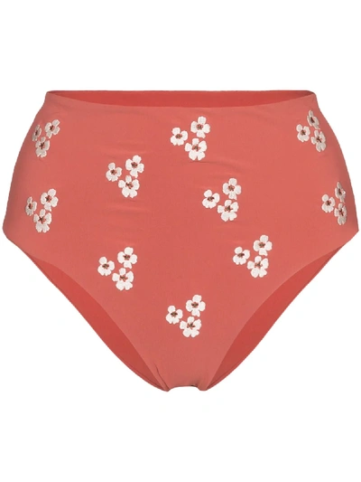 Anemone Embroidered Cheeky High Waist Bottoms In Red