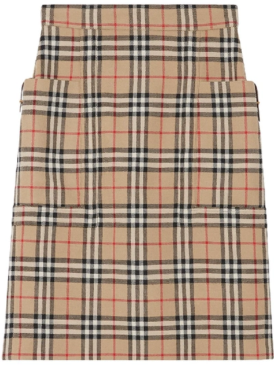 Burberry Pocket Detail Vintage Check Wool Pencil Skirt In Brown