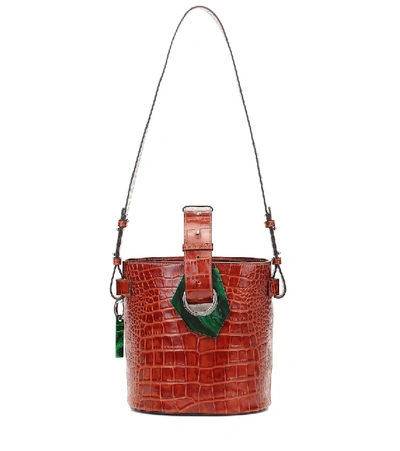 Ganni Micro Croc-embossed Leather Crossbody Box Bag In Cognac