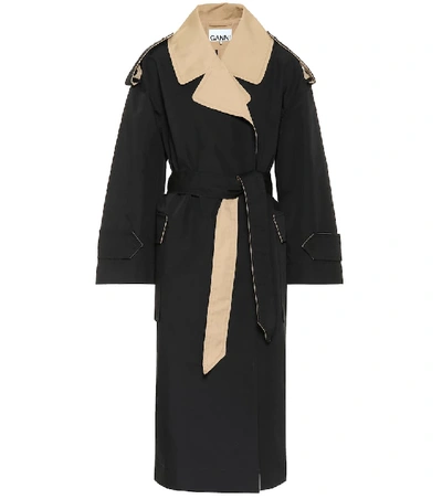 Ganni Two-tone Cotton Belted Trench Coat In Black