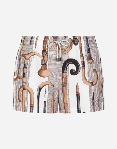 Dolce & Gabbana Short Swimming Trunks With Walking-stick Print In Multicolor