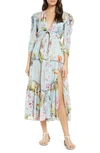 Hemant & Nandita Floral-print Tie Cutout Puff-sleeve Flounce Midi Dress In Powder Blue