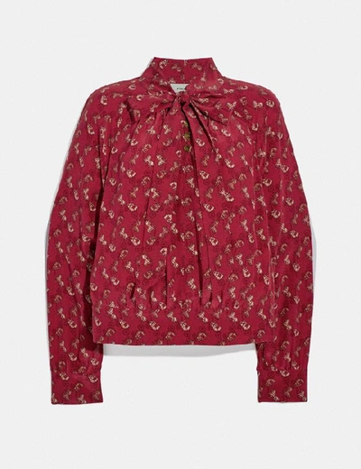 Coach Horse And Carriage Print Tie Neck Blouse In Red - Size 04 In Red/pink