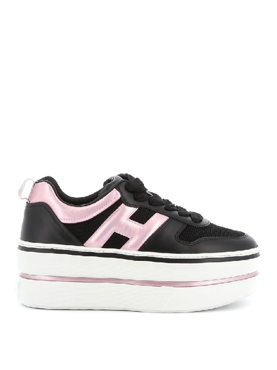 Hogan Maxi H449 Sneaker In Leather And Black Fabric With Pink Profiles