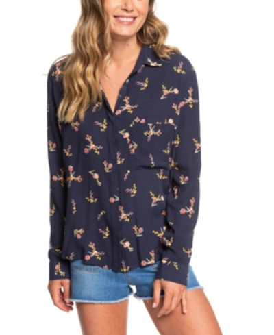 Roxy Mess Is Mine Long Sleeve Button Front Top In Blue