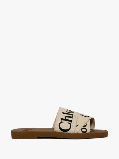 Chloé White Woody Logo Strap Sandals
