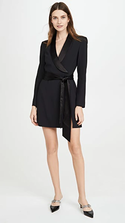 Alice And Olivia Mona Strong-shoulder Tie-front Suit Dress In Black