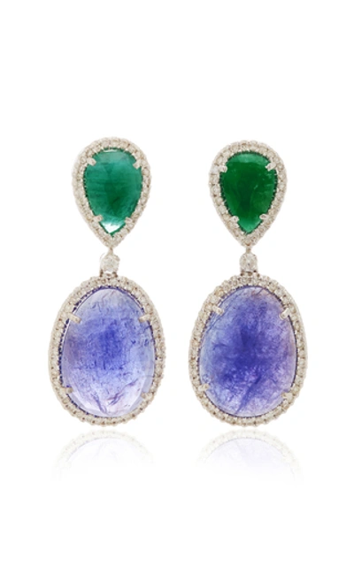 Amrapali 18k White Gold, Emerald, Tanzanite And Diamond Earrings In Blue