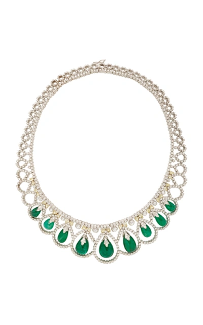 Amrapali 18k White Gold, Emerald, Natural Yellow And White Diamond Nec In Green