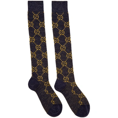 Gucci Blue & Gold Lamé Gg Socks In 4275 Sapphi