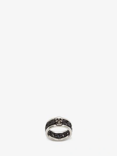 Alexander Mcqueen Bi-color Skull Chain Ring In Shiny Silver + Matte Black