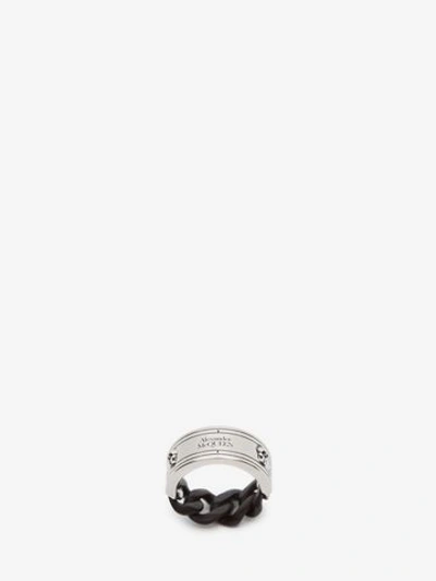 Alexander Mcqueen Identity Chain Ring In Shiny Silver + Matte Black