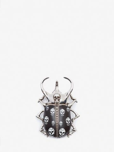 Alexander Mcqueen Beetle Skull Brooch In Shiny Silver + Matte Black