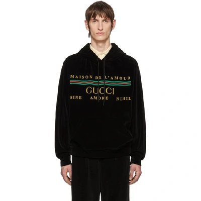 Gucci Logo-embroidered Velour Hooded Sweatshirt In Black