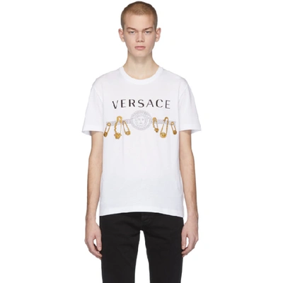 Versace Men's Safety Pin Graphic Tee In White,gold
