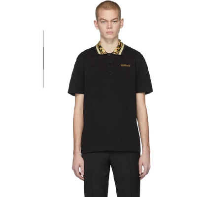 Versace Cotton Polo Shirt With Barrocco Motif In Black