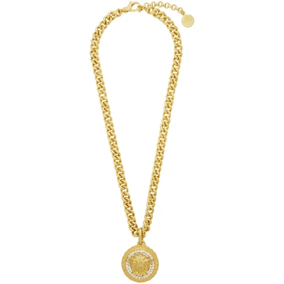 Versace Gold Crystal Medusa Necklace In Kcot Gold