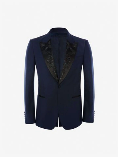 Alexander Mcqueen Navy Slim-fit Silk-satin Jacquard-trimmed Wool And Mohair-blend Suit Jacket In Blue