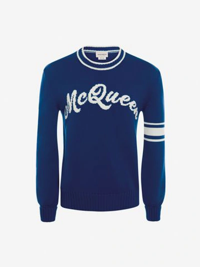 Alexander Mcqueen Logo-embroidered Cotton-knit Jumper In Electric Blue