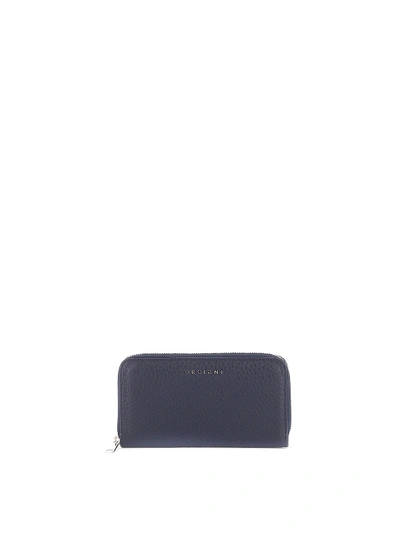 Orciani Pebbled Leather Zip Around Wallet In Blue