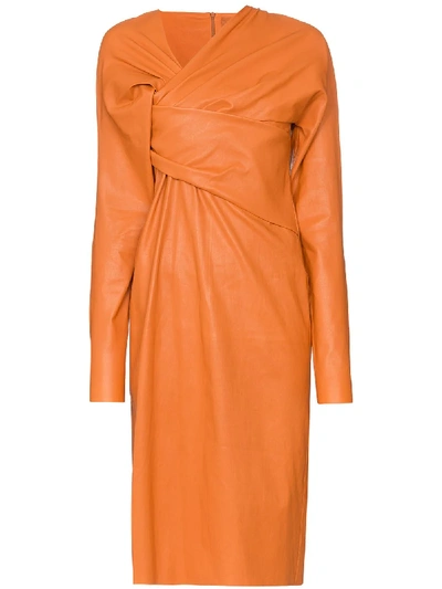 Bottega Veneta Puffed-sleeve Ruched-twist Leather Midi Dress In Orange
