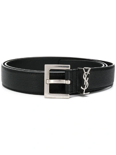 Saint Laurent Grained Leather Cassandre Thin Belt With Square Buckle Accessories In Black