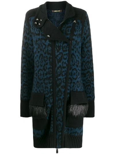 Roberto Cavalli Leopard Print Knit Cardigan In Blue